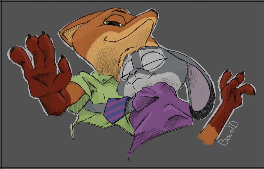 anthro countershading duo female fur gloves_(marking) green_eyes grey_background hug male male/female markings multicolored_body multicolored_fur purple_eyes simple_background two_tone_body two_tone_fur boloid disney zootopia judy_hopps nick_wilde canid canine european_rabbit fox lagomorph leporid mammal oryctolagus rabbit red_fox true_fox digital_media_(artwork)