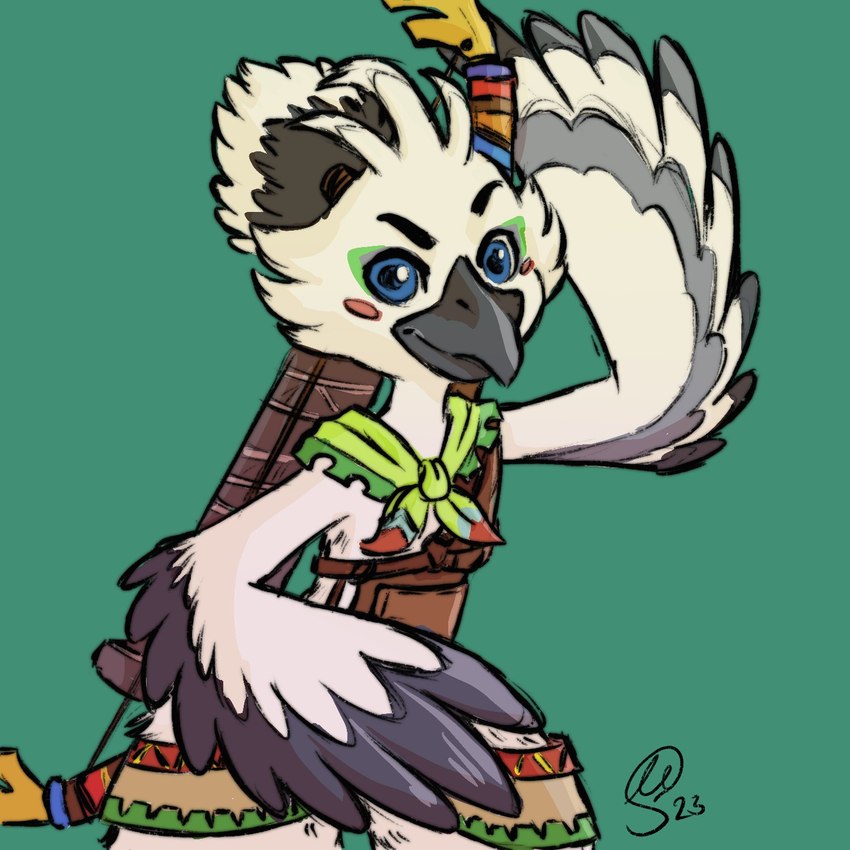 anthro arm_markings beak biped blue_eyes bow_(weapon) capelet cheek_tuft clothed clothing eyebrows facial_markings facial_tuft feather_hands feather_markings feather_tuft feathered_wings feathers green_background green_capelet green_clothing green_facial_markings green_topwear grey_beak head_markings head_tuft looking_at_viewer male markings multicolored_body multicolored_feathers quiver_(object) ranged_weapon shirt simple_background solo standing swallow_bow topwear tuft tunic weapon white_body white_feathers wing_markings winged_arms wings young young_anthro gillian_slaunwhite nintendo tears_of_the_kingdom the_legend_of_zelda tulin_(tloz) avian bird rito 1:1 2023 colored digital_drawing_(artwork) digital_media_(artwork) hi_res shaded signature