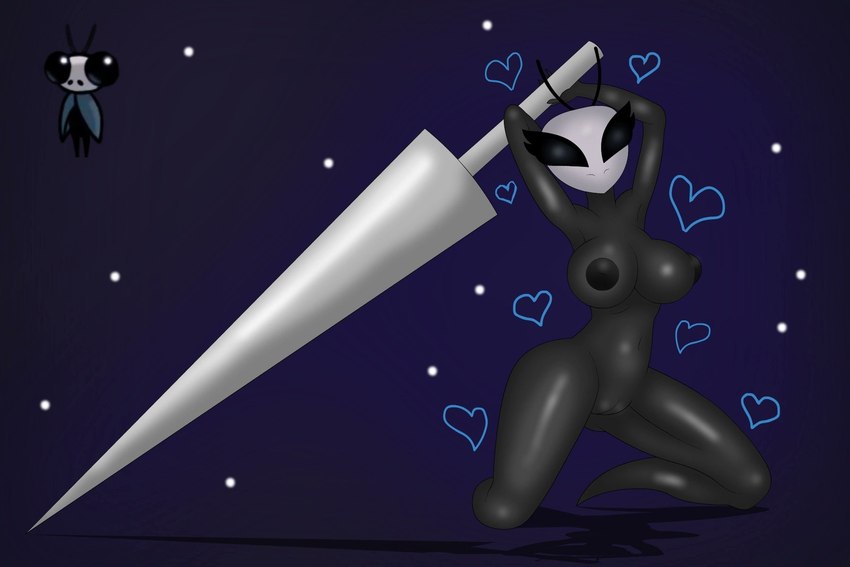 anthro big_weapon black_body black_eyes black_nipples breasts crossgender female holding_object holding_weapon looking_at_viewer melee_weapon mtf_crossgender nail nipples solo thick_thighs weapon wide_hips magalnik hollow_knight team_cherry sly_(hollow_knight) animal_humanoid arthropod arthropod_humanoid humanoid insect sly 2022 3:2 hi_res