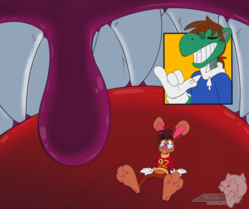 3_toes 4_fingers anthro big_feet big_grin cartoon_gloves duo feet fingers inside_mouth male male/male mawplay pawpads paws red_tongue sitting smug_expression smug_face soft_vore soles toes tongue toony uvula vore whiskers crocdragon89 mythology joshua_edgars_(crocdragon89) roderick_(tamerkoh) toon_joshua_edgars_(crocdragon89) dragon lagomorph leporid mammal mythological_creature mythological_scalie rabbit scalie hi_res