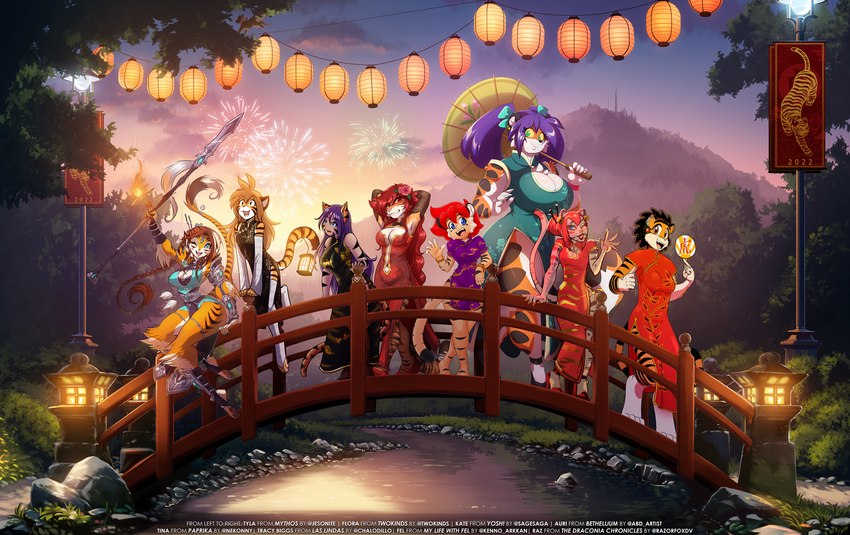 accessory anthro asian_clothing barefoot big_breasts blue_hair breasts bridge brown_hair chinese_clothing chinese_dress cleavage clothed clothing countershading detailed_background digitigrade dress ear_piercing ear_ring east_asian_clothing feet female fireworks flower flower_in_hair fur group hair hair_accessory hands_behind_head holding_object holding_parasol holding_weapon lamp lantern larger_female legwear melee_weapon piercing plant polearm pose purple_hair red_hair ring_piercing river side_slit side_slit_clothing side_slit_dress sign size_difference slit_dress smaller_female spear stockings striped_body striped_fur stripes sunset text wave weapon abluedeer chalo conditional_dnp jesonite kenno_arkkan nekonny razorfox sageofotherworlds tom_fischbach bethellium chinese_zodiac draconia_chronicles las_lindas paprika twokinds year_of_the_tiger yosh!_comics auri_(bethellium) fel_(my_life_with_fel) flora_(twokinds) kate_summers raz_(draconia_chronicles) tiggs tina_(caribbean_blue) tyla_(jesonite) animal_humanoid cat_humanoid felid felid_humanoid feline feline_humanoid humanoid mammal mammal_humanoid pantherine tiger 2022 adobe_photoshop_(artwork) artist_collaboration colored digital_media_(artwork) english_text hi_res