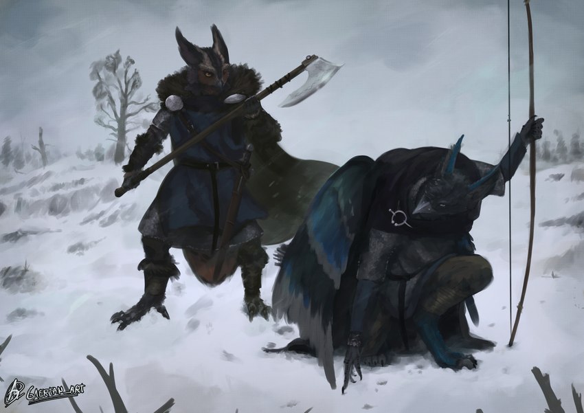 anthro axe clothed clothing crouching duo fantasy realistic snow snowing viking winter gaertan mythology alkuuda_(character) avian bird gryphon mythological_avian mythological_creature owl hi_res shaded