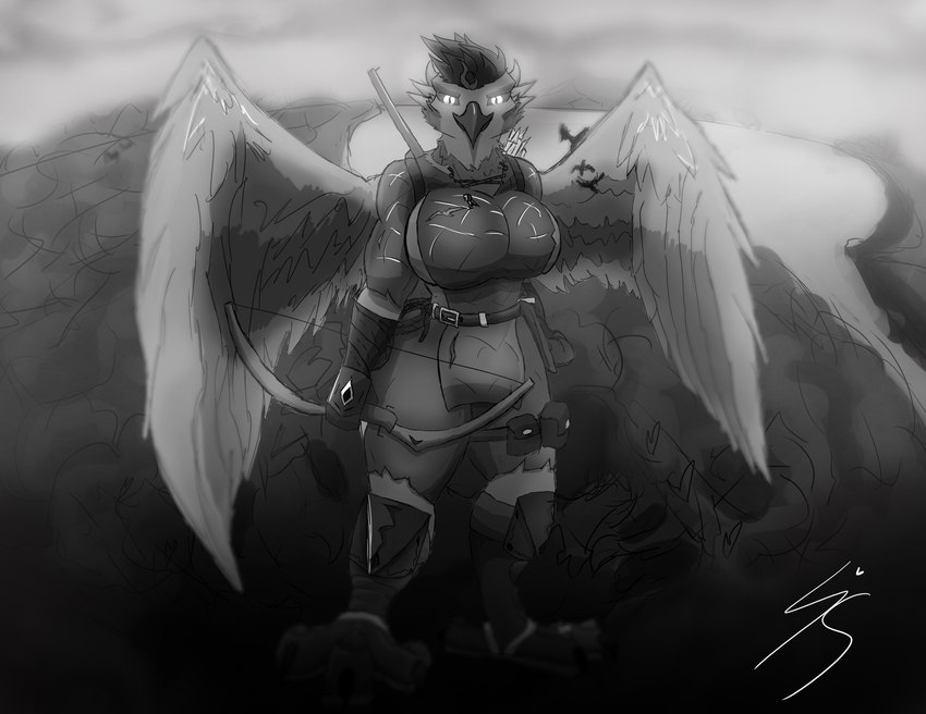 anthro bow_(weapon) breasts female forest glowing glowing_eyes gun hunter hunting macro plant ranged_weapon rifle solo tree weapon liscenuwu breeze_(liscen) avian bird greyscale hi_res monochrome