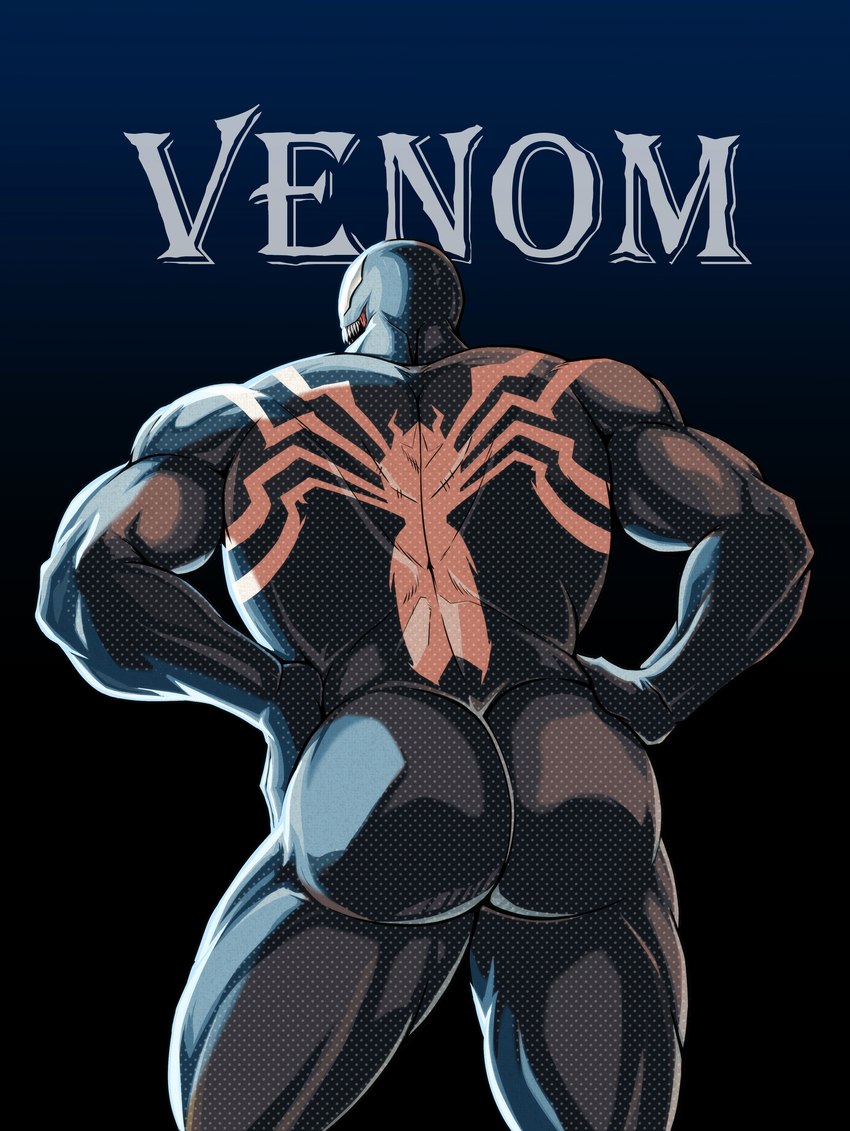 big_butt big_muscles black_body butt emblem empty_eyes gradient_background hands_on_hips male muscular muscular_humanoid muscular_male not_furry rear_view sharp_teeth simple_background smile solo teeth text orange-lin orange_lin marvel venom_(marvel) alien alien_humanoid humanoid monster symbiote absurd_res digital_media_(artwork) hi_res