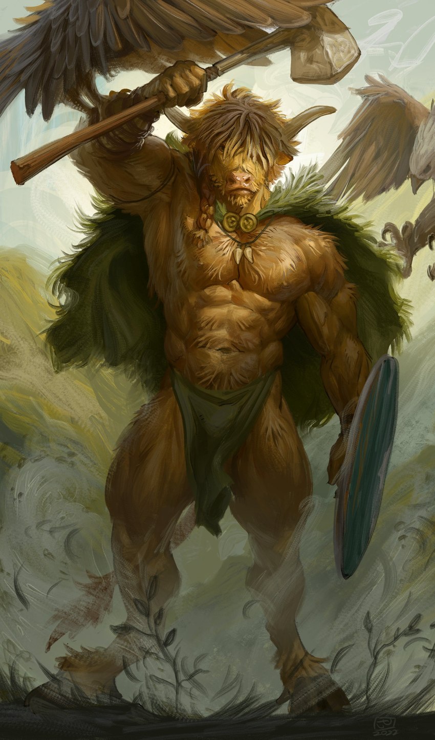 abs anthro axe beard black_bottomwear black_clothing black_loincloth blonde_hair bottomwear braided_hair braided_ponytail brown_body brown_fur cape clothed clothing dust_cloud facial_hair feral fighting_pose fur grass green_cape green_clothing group hair hair_over_eye hooves jewelry loincloth looking_at_viewer male melee_weapon muscular muscular_anthro muscular_legs muscular_male muscular_thighs necklace one_eye_obstructed pecs plant ponytail pose shield sky solo_focus standing tooth_necklace topless topless_anthro topless_male trio weapon wind wood wood_shield wristband jerome_jacinto vort_(jerome_jacinto) accipitrid accipitriform avian bird bovid bovine cattle eagle mammal absurd_res hi_res portrait