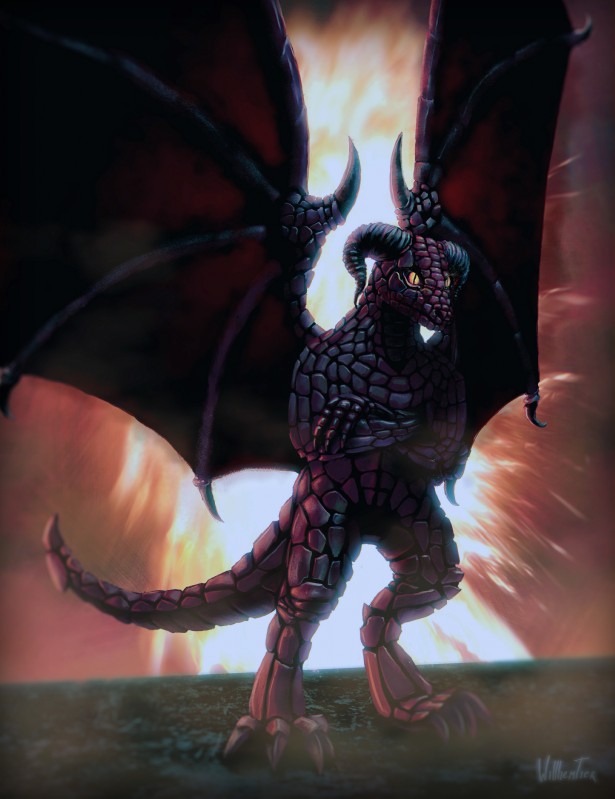 anthro biped claws crossed_arms explosion horn male nude red_body red_scales scales solo standing tail wings willhemtier mythology igneus dragon mythological_creature mythological_scalie scalie absurd_res hi_res