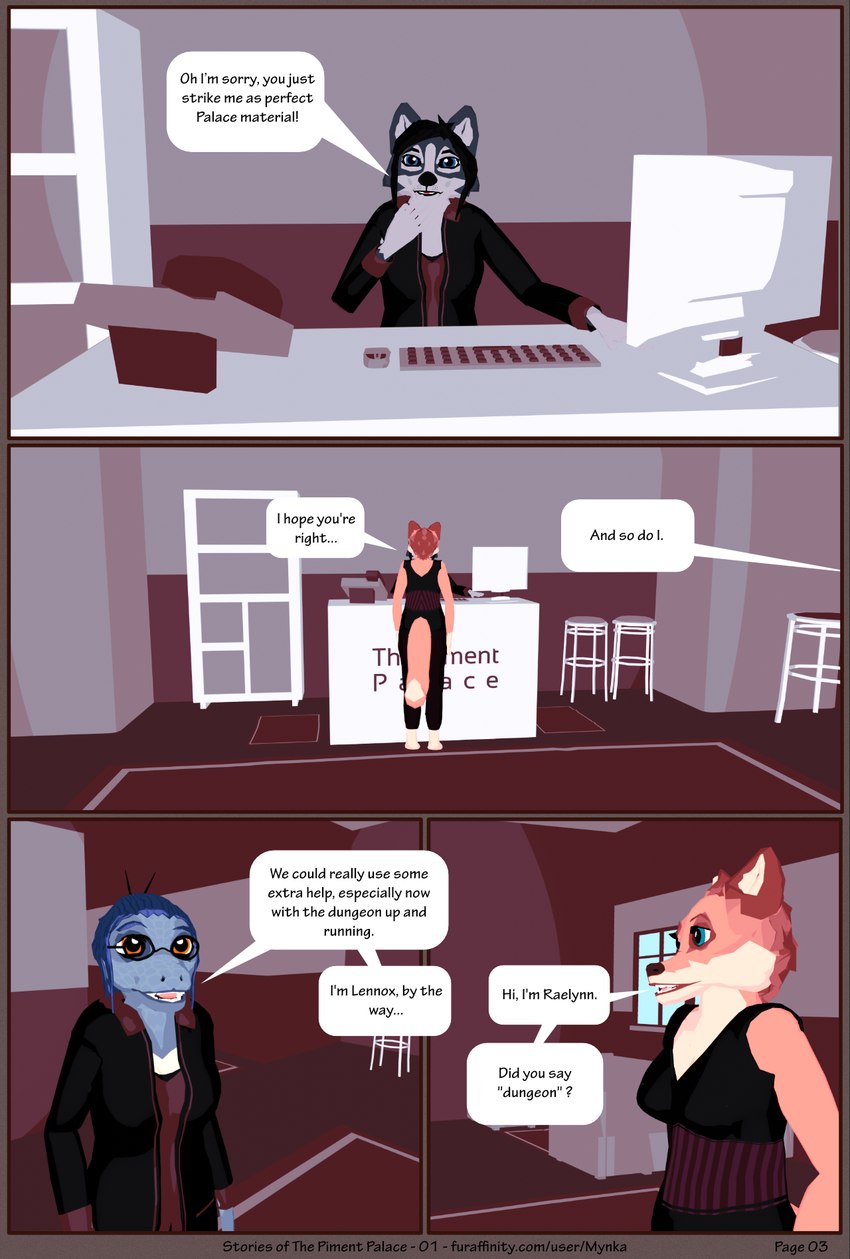 anthro clothed clothing computer desk dialogue duo electronics female furniture hotel lobby table text uniform work_clothes mynka lennox_(mynka) raelynn_(mynka) amphibian canid canine canis domestic_dog fox husky mammal nordic_sled_dog salamander spitz 3d_(artwork) comic digital_media_(artwork) english_text hi_res