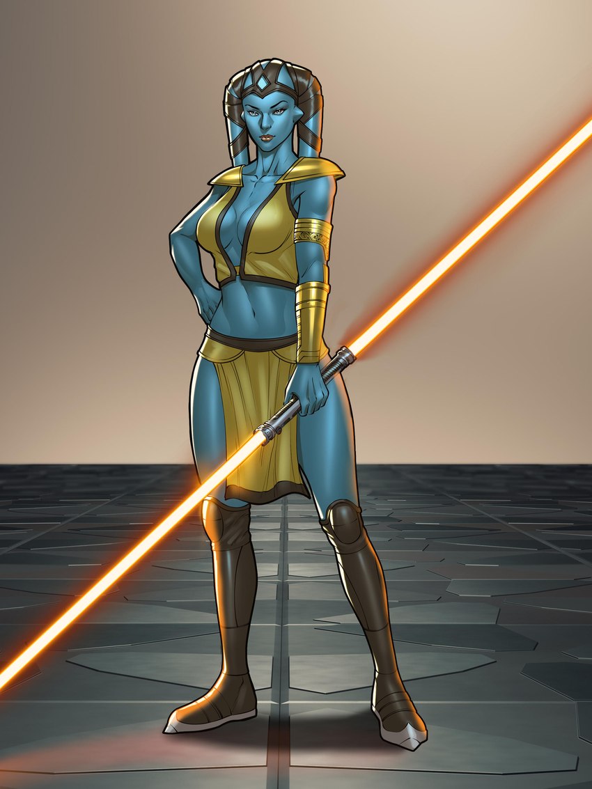 armlet blue_body blue_eyes blue_skin boots bottomwear breasts clothing collarbone eyebrows eyelashes female footwear glistening glistening_body glistening_breasts glistening_skin hand_on_hip knee_boots knee_highs legwear lekku_(anatomy) lightsaber loincloth looking_at_viewer melee_weapon midriff navel not_furry orange_lightsaber shoes solo standing topwear weapon invictarex star_wars alien humanoid twi'lek 2024 3:4 absurd_res hi_res