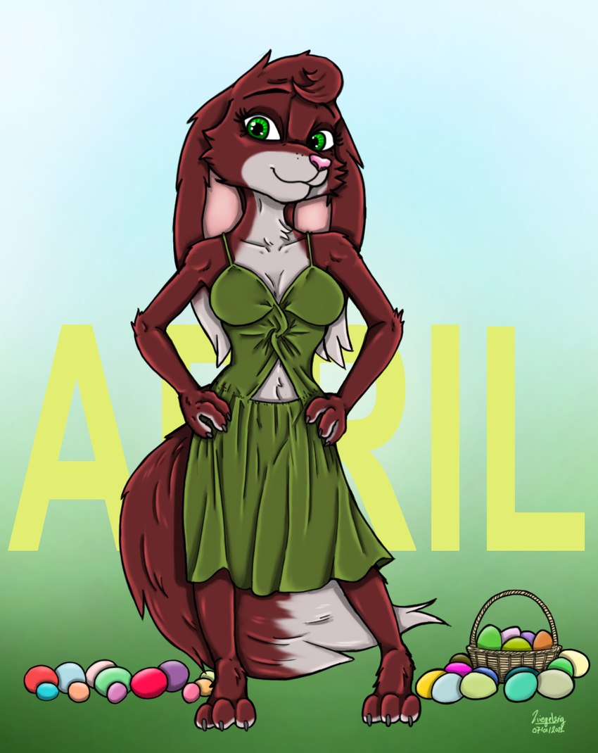 3_fingers 4_toes anthro april_(month) brown_body brown_fur clothing cutout dress feet female fingers fur green_clothing green_dress green_eyes grey_body grey_fur holidays midriff navel navel_cutout solo toes ziegelzeig easter dielyelah_(brutusdeagon) canid canine fox hybrid lagomorph leporid mammal rabbit hi_res