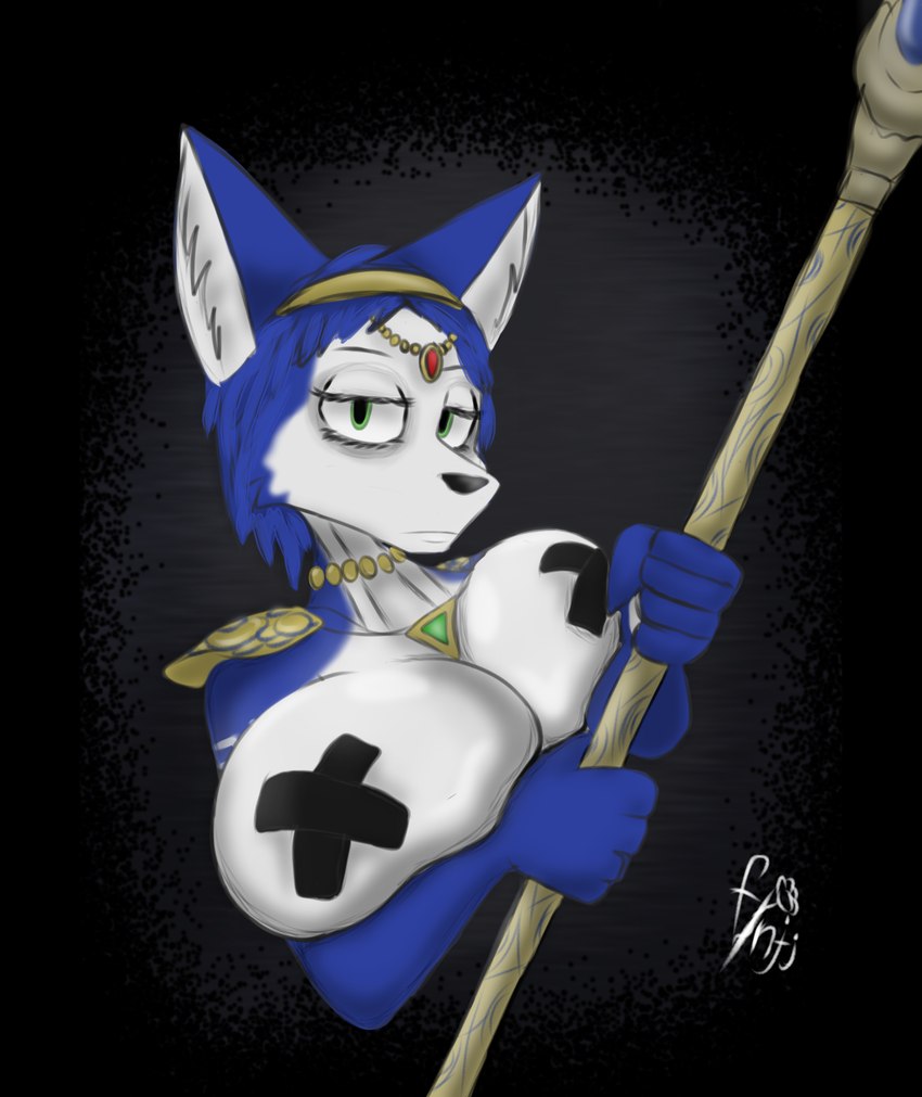 anthro big_breasts black_background black_tape blue_body blue_fur breasts dark empty empty_eyes female fur sad simple_background solo staff tired white_body white_fur nokjumjam nintendo star_fox krystal_(star_fox) canid canine fox mammal 2024 hi_res signature