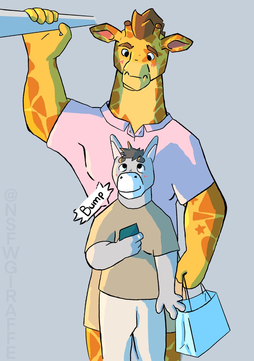 anthro bump clothed clothing duo fur hair male male/male simple_background smile train vehicle conditional_dnp nsfwgiraffe red_wood asinus donkey equid equine giraffe giraffid mammal absurd_res hi_res