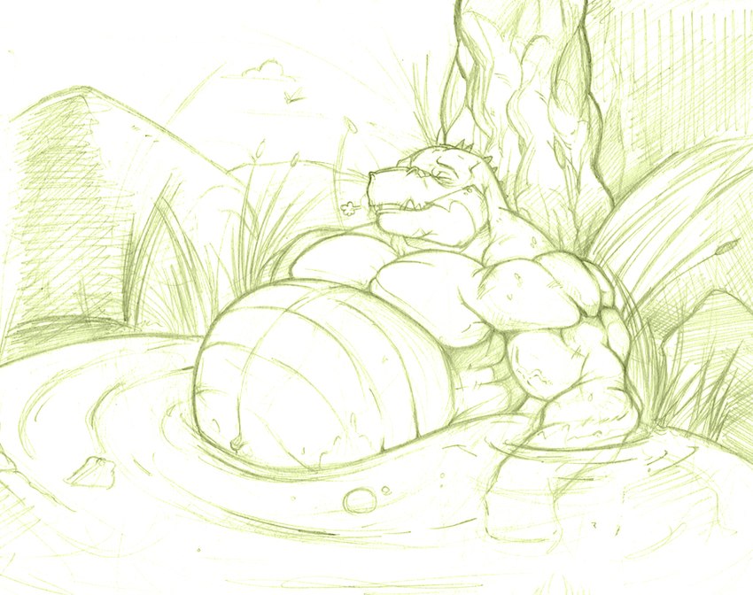 abs anthro arms_down bathing belly biceps big_belly biped breath eyes_closed fangs leaning leaning_backward looking_relieved male muscular muscular_anthro muscular_male overweight overweight_anthro overweight_male pecs pond relaxing sitting solo teeth knuxlight alligator alligatorid crocodilian reptile scalie 2009 monochrome sketch