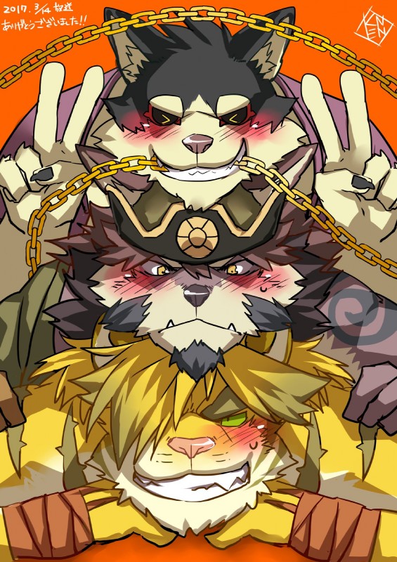 anthro blush group kemono male mongolian mongolian_clothing muscular muscular_male text kenn lifewonders tokyo_afterschool_summoners garmr_(tas) macan_(tas) temujin_(tas) canid canine canis domestic_dog felid mammal pantherine tiger wolf hi_res japanese_text signature