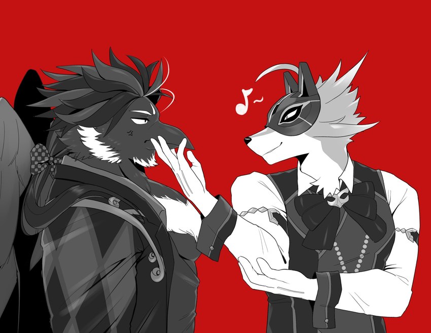 anthro beak clothing collared_shirt dress_shirt duo fur male mask shirt suit topwear vest chuurow lifewonders live_a_hero alchiba vulpecula avian canid canine fox mammal 2023 hi_res monochrome