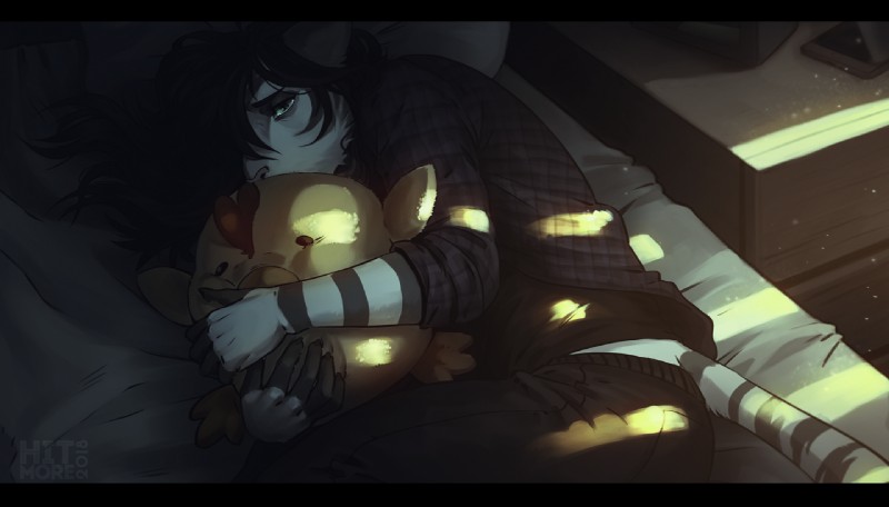 anthro bed black_bars black_body black_fur black_hair clothed clothing detailed_background female fur furniture green_eyes hair long_hair lying on_side pink_nose plushie sad solo stripes white_body white_fur hitmore jasmine_miller felid mammal pantherine siberian_tiger tiger 2018 digital_media_(artwork)