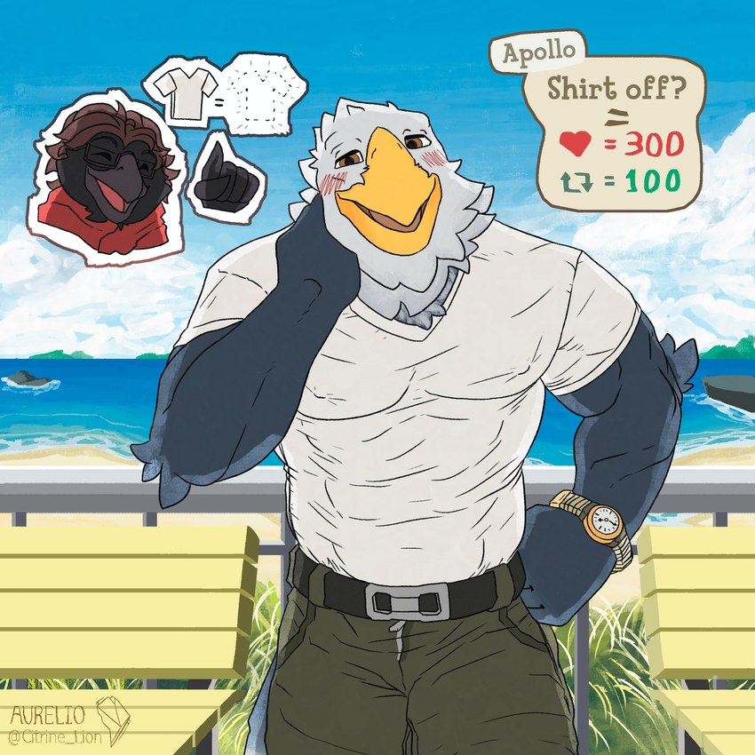 anthro arm_tuft beak blush boardwalk chest_tuft clock clothed clothing duo elbow_tuft feather_tuft feathers hand_on_head hand_on_hip interaction_drive looking_at_viewer male male/male mountain muscular outside sea shirt solo_focus standing tight_clothing tight_shirt tight_topwear topwear tuft watch water wristwatch citrine_lion animal_crossing nintendo strip_meme apollo_(animal_crossing) corvus_(corvuscantum) accipitrid accipitriform avian bird corvid corvus_(genus) crow eagle oscine passerine 1:1 2023 absurd_res colored digital_drawing_(artwork) digital_media_(artwork) hi_res