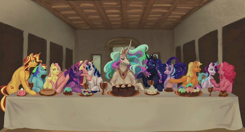 cake container cookie crown cup cupcake dessert detailed_background female feral food front_view furniture gesture goblet group hair headgear horn inside looking_at_another macaron_(food) magic magic_user male pastry pie sitting sparkles sparkling_hair table tiara wings olspirt equestria_girls friendship_is_magic hasbro my_little_pony mythology the_last_supper applejack_(mlp) fluttershy_(mlp) pinkie_pie_(mlp) princess_cadance_(mlp) princess_celestia_(mlp) princess_luna_(mlp) rainbow_dash_(mlp) rarity_(mlp) shining_armor_(mlp) spike_(mlp) starlight_glimmer_(mlp) sunset_shimmer_(eg) twilight_sparkle_(mlp) dragon earth_pony equid equine horse mammal mythological_creature mythological_equine mythological_scalie pegasus pony scalie unicorn winged_unicorn 2024 hi_res inspired_by_formal_art