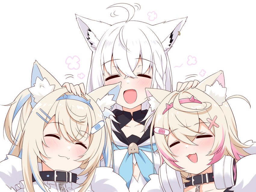 ahoge black_collar blush collar eyes_closed female fur group hair light_hair multicolored_hair pink_hair pink_tongue tongue trio two_tone_hair white_body white_ears white_fur white_hair felutiahime hololive hololive_en vtuber fuwawa_abyssgard mococo_abyssgard shirakami_fubuki animal_humanoid canid canid_humanoid canine canine_humanoid dog_humanoid fox_humanoid humanoid mammal mammal_humanoid 2023 4:3 hi_res sibling_(lore) sister_(lore) sisters_(lore) twins_(lore)