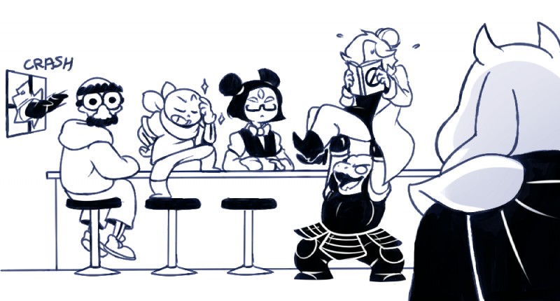 alternate_universe armor bar_stool book bow_(feature) bow_tie clothing coat door eyewear facial_hair furniture glasses group hair hair_bun hoodie kerchief lab_coat mustache stool text topwear window min-play_(artist) underswap undertale undertale_(series) alphys alphys_(underswap) chara_(underswap) chara_(undertale) muffet muffet_(underswap) papyrus_(underswap) papyrus_(undertale) sans_(underswap) sans_(undertale) toriel undyne undyne_(underswap) animal_humanoid arachnid arachnid_humanoid arthropod arthropod_humanoid boss_monster_(undertale) bovid caprine humanoid mammal spider_humanoid english_text monochrome