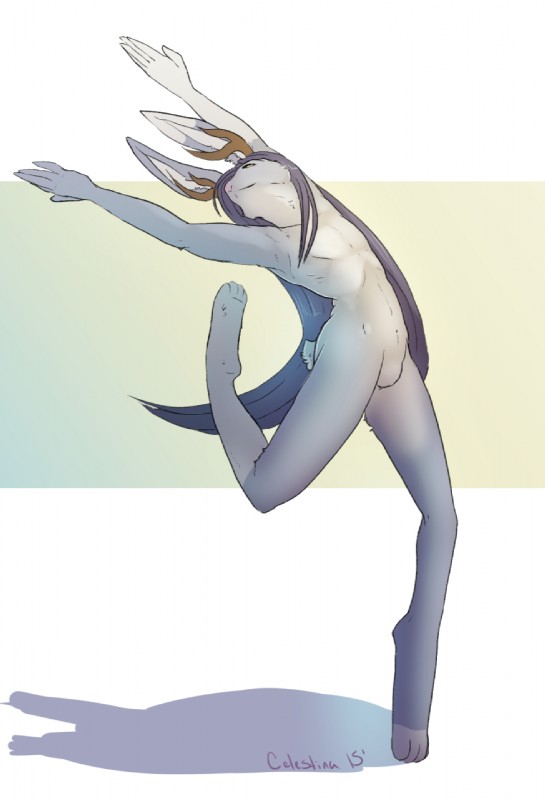 4_fingers 5_fingers anthro antlers arms_above_head barefoot biped blue_hair dancing featureless_crotch feet fingers fur grey_body grey_fur hair horn long_ears looking_aside male nude solo toeless_(marking) celestina jackalope lagomorph mammal 2015 hi_res