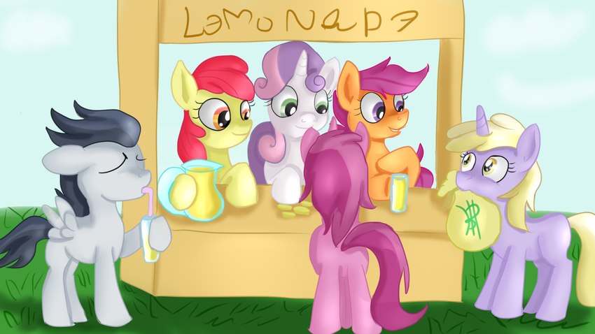 bag beverage butt container cup eyes_closed female group horn lemonade lemonade_stand male money money_bag mouth_hold rear_view wings jbond friendship_is_magic hasbro my_little_pony mythology apple_bloom_(mlp) cutie_mark_crusaders_(mlp) dinky_hooves_(mlp) ruby_pinch_(mlp) rumble_(mlp) scootaloo_(mlp) sweetie_belle_(mlp) earth_pony equid equine horse mammal mythological_creature mythological_equine pegasus pony unicorn 16:9 hi_res redraw widescreen