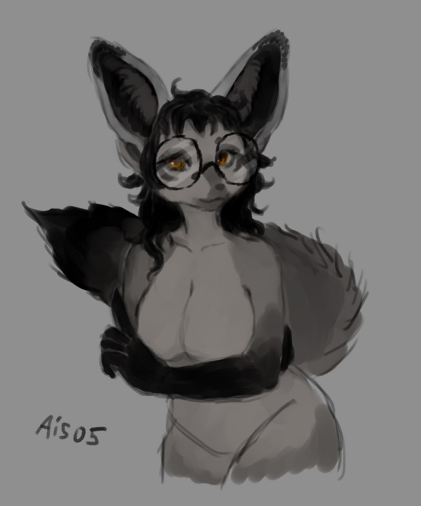 anthro black_nose breasts eyewear featureless_breasts featureless_crotch female fur glasses hair looking_at_viewer simple_background solo ais05 paledrake helena_(paledrake) bat-eared_fox canid canine fox mammal 2022 5:6 digital_media_(artwork) hi_res