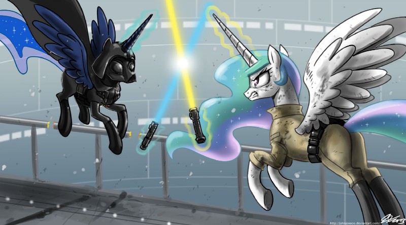 blue_body clothing duo feathered_wings feathers female feral fight hair horn lightsaber melee_weapon multicolored_hair princess quadruped royalty sword tail weapon wings yellow_lightsaber john_joseco friendship_is_magic hasbro my_little_pony mythology star_wars darth_vader luke_skywalker princess_celestia_(mlp) princess_luna_(mlp) equid equine mammal mythological_creature mythological_equine winged_unicorn 2013 crossover