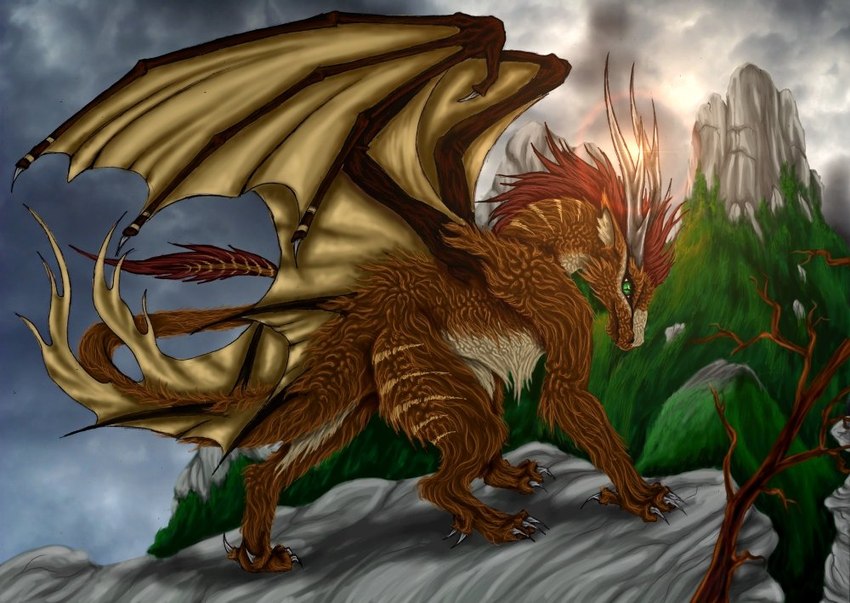 ambiguous_gender branch brown_body brown_fur brown_wings cloud cloudy_sky digitigrade feral fur green_eyes horn looking_back membrane_(anatomy) membranous_wings mountain quadruped sky solo standing_on_rock tail wings yellow_membrane arakida selianth mythology dragon furred_dragon furred_scalie mythological_creature mythological_scalie scalie