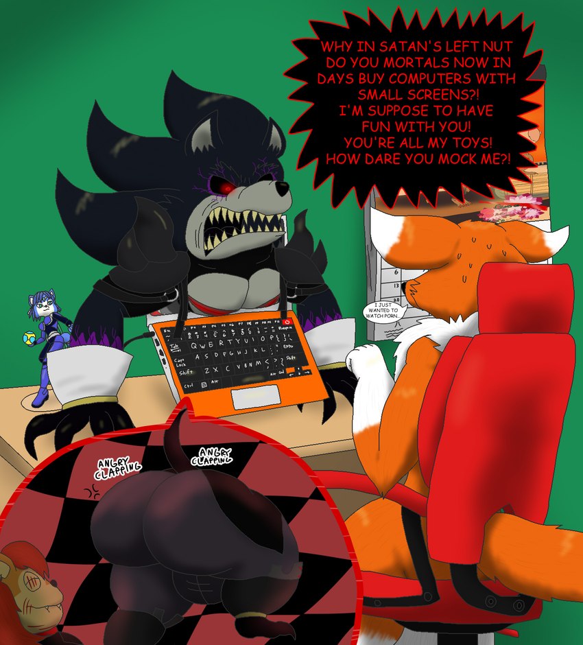 anthro balls barefoot big_balls big_bulge big_butt black_claws bulge butt cape claws clothing coming_from_portal computer disc electronics feet femboy figurine genitals huge_balls huge_butt hyper hyper_balls hyper_genitalia laptop male nude solo sound_effects text thick_thighs alythewolfcat nintendo sega sonic.exe_(creepypasta) sonic_the_hedgehog_(series) star_fox ampelius krystal_(star_fox) sally.exe sonic.exe xohar demon eldritch_humanoid eulipotyphlan hedgehog mammal english_text hi_res