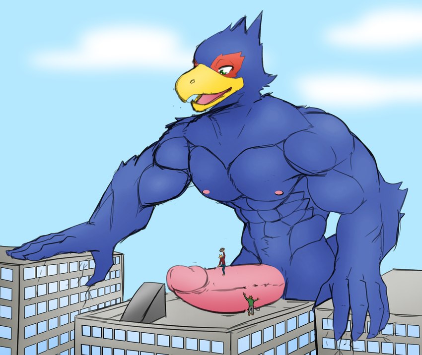 ambiguous_gender anthro blue_body building city erection genitals group humanoid_genitalia humanoid_penis macro male male/ambiguous muscular muscular_male nipples non-mammal_nipples penile penis penis_riding solo_focus trio jrjresq siman-clifton nintendo star_fox falco_lombardi avian bird hi_res