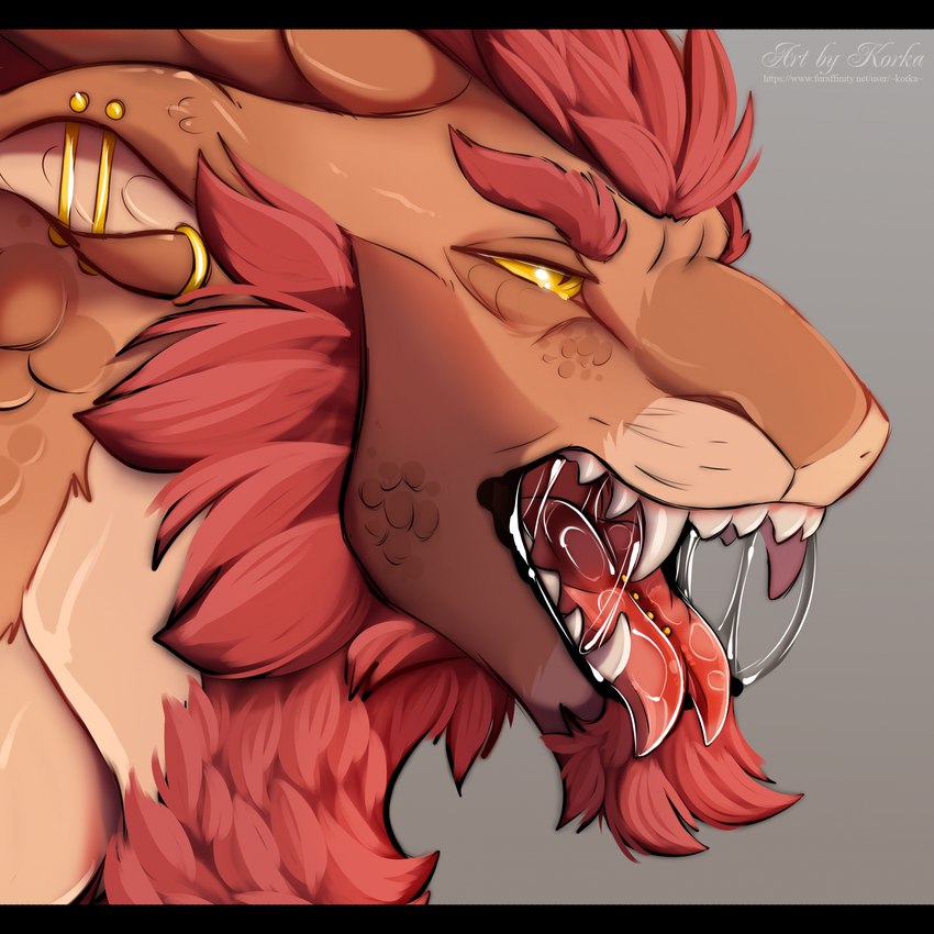 black_bars bodily_fluids brown_body brown_fur ear_piercing feral forked_tongue fur hair male mane mouth_shot no_sclera open_mouth piercing pink_tongue red_body red_fur red_hair red_mane saliva solo teeth tongue tongue_piercing yellow_eyes korka mythology dragon felkin furred_dragon furred_scalie mythological_creature mythological_scalie scalie 1:1 hi_res letterbox