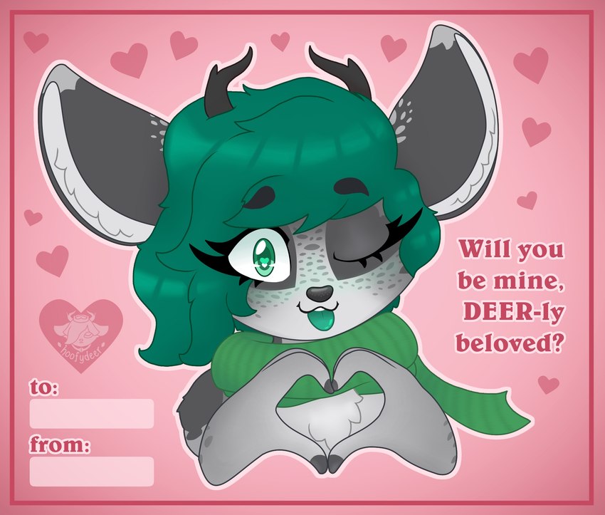 anthro antlers chest_tuft femboy freckles fur gesture green_eyes green_hair green_tongue hair hand_heart heart_symbol holidays horn looking_at_viewer male one_eye_closed scarf solo tongue tongue_out tuft valentine's_day_card white_body white_fur wink winking_at_viewer hoofydeer valentine's_day val_(hoofydeer) deer mammal hi_res