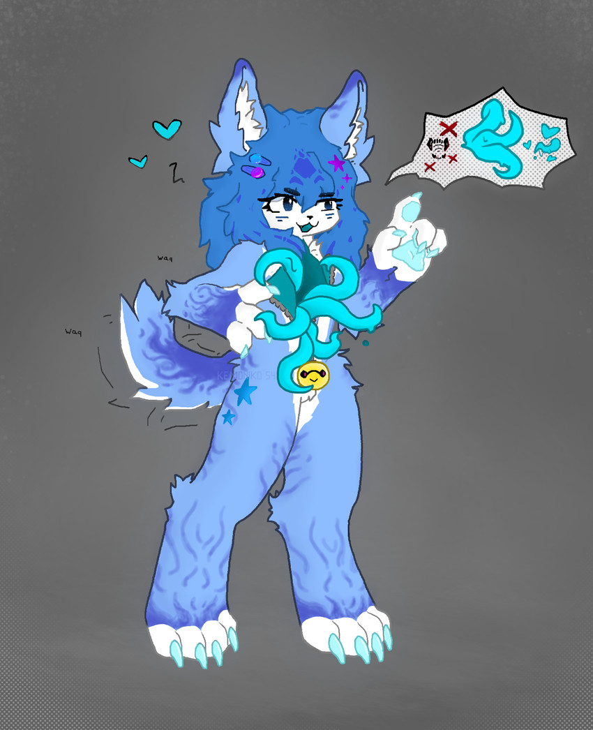 4_fingers 4_toes accessory anthro bell blue_body blue_eyes blue_hair blue_tentacles claws clothing costume dripping eyelashes feet female fingers fluffy fluffy_hips fur fursuit gesture grey_background hair hair_accessory hairpin heart_symbol highlights_(coloring) jingle_bell kemono long_ears long_eyelashes long_hair looking_aside markings motion_lines nude open_mouth pawpads paws short_tail simple_background solo speech_bubble standing star_(marking) striped_body striped_fur striped_hair striped_markings striped_tail stripes suggestive suggestive_gesture symbol tail tail_markings tail_motion tailwag teal_body teal_claws teal_pawpads teeth tentacles tentacles_from_body toes white_body white_fur x_symbol zipper zipper_down kemoniko54 moondust animate_inanimate felid feline living_clothing living_costume living_fursuit mammal hi_res shaded
