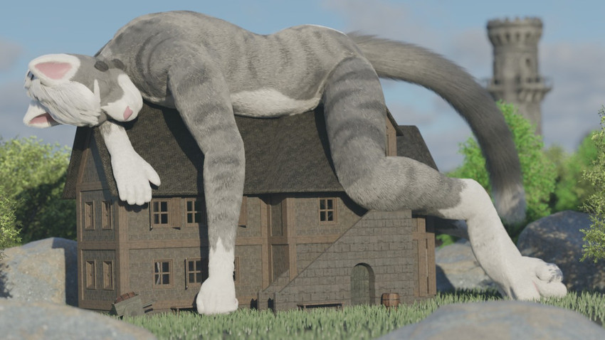 anthro building casual_nudity fur grey_body grey_fur house macro male nude outdoor_nudity outside sleeping solo twoscale flammicus domestic_cat felid feline felis mammal 16:9 2019 3d_(artwork) digital_media_(artwork) widescreen