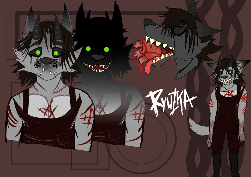 blood bodily_fluids death gore grey_body heart_(organ) male organs simple_background smile solo ryuzka canid canine canis humanoid mammal wolf wolfhound absurd_res digital_media_(artwork) headshot_portrait hi_res portrait