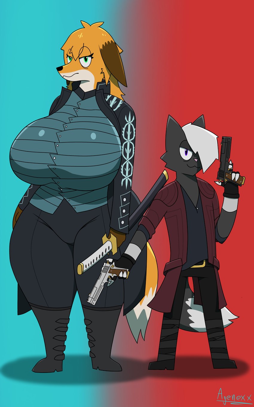 anthro big_breasts black_body black_fur breasts brown_body brown_fur cosplay curvy_figure duo female fur green_eyes hair hair_over_eye katana larger_female looking_at_viewer male melee_weapon one_eye_obstructed orange_body pivoted_ears purple_eyes simple_background size_difference slim smaller_male sword thick_thighs voluptuous weapon white_body white_fur agenexxthecat capcom devil_may_cry devil_may_cry_5 agenexxthecat_(agenexxthecat) bia_(agenexxthecat) canid canine domestic_cat felid feline felis fox mammal 5:8 absurd_res hi_res