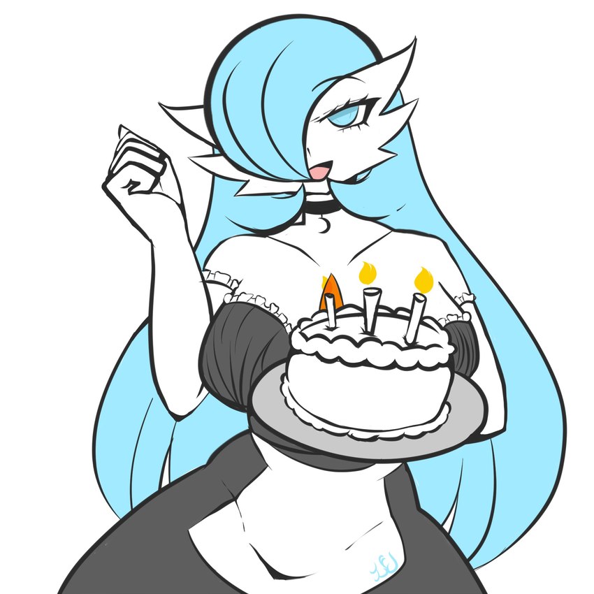 birthday_cake birthday_candle blue_eyes blue_hair breasts cake choker clothing dessert female food hair hair_over_eye holding_cake holding_food holding_object jewelry long_hair looking_at_viewer maid_uniform necklace not_furry one_eye_obstructed solo uniform renv nintendo pokemon luna_the_gardevoir gardevoir generation_3_pokemon humanoid pokemon_(species) shiny_pokemon 1:1 2024 absurd_res hi_res signature