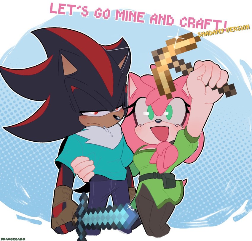 anthro clothing cosplay crossover_cosplay dialogue duo female gloves handwear male male/female melee_weapon narrow_hips narrowed_eyes open_mouth open_smile pickaxe_(minecraft) smile sword text thin_thighs weapon fravoccado microsoft minecraft mojang sega sonic_the_hedgehog_(series) xbox_game_studios alex_(minecraft) amy_rose shadow_the_hedgehog steve_(minecraft) eulipotyphlan hedgehog mammal crossover english_text hi_res signature