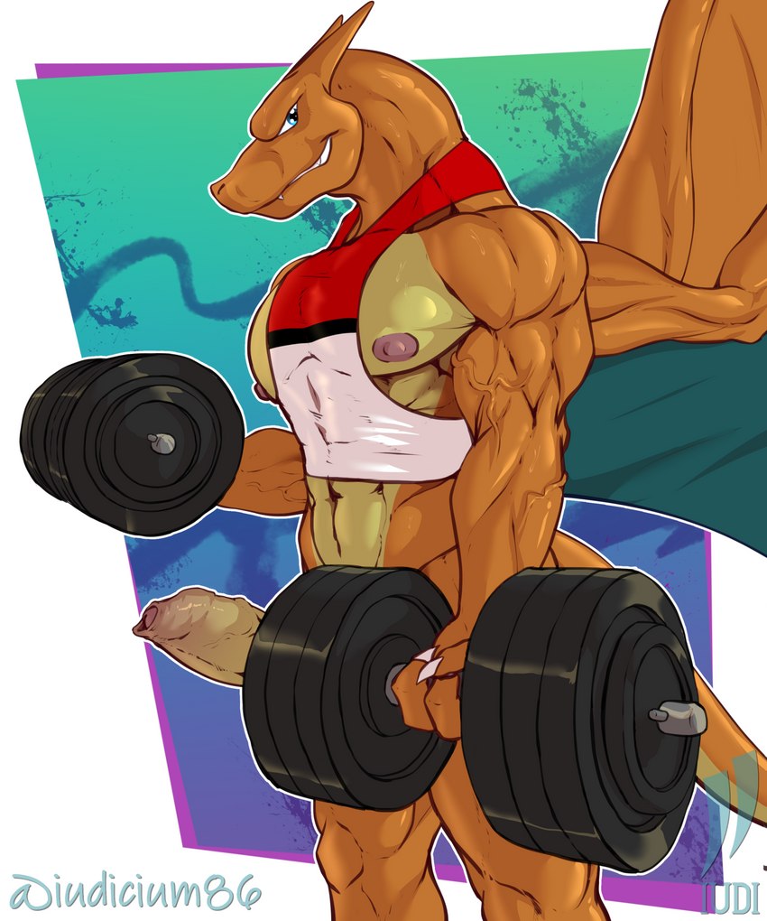 anthro bicep_curl bodily_fluids clothed clothing exercise foreskin genitals humanoid_genitalia long_foreskin male muscular nipples pantsless penis shirt solo sweat tank_top topwear weightlifting workout iudicium86 nintendo pokemon charizard generation_1_pokemon pokemon_(species) hi_res