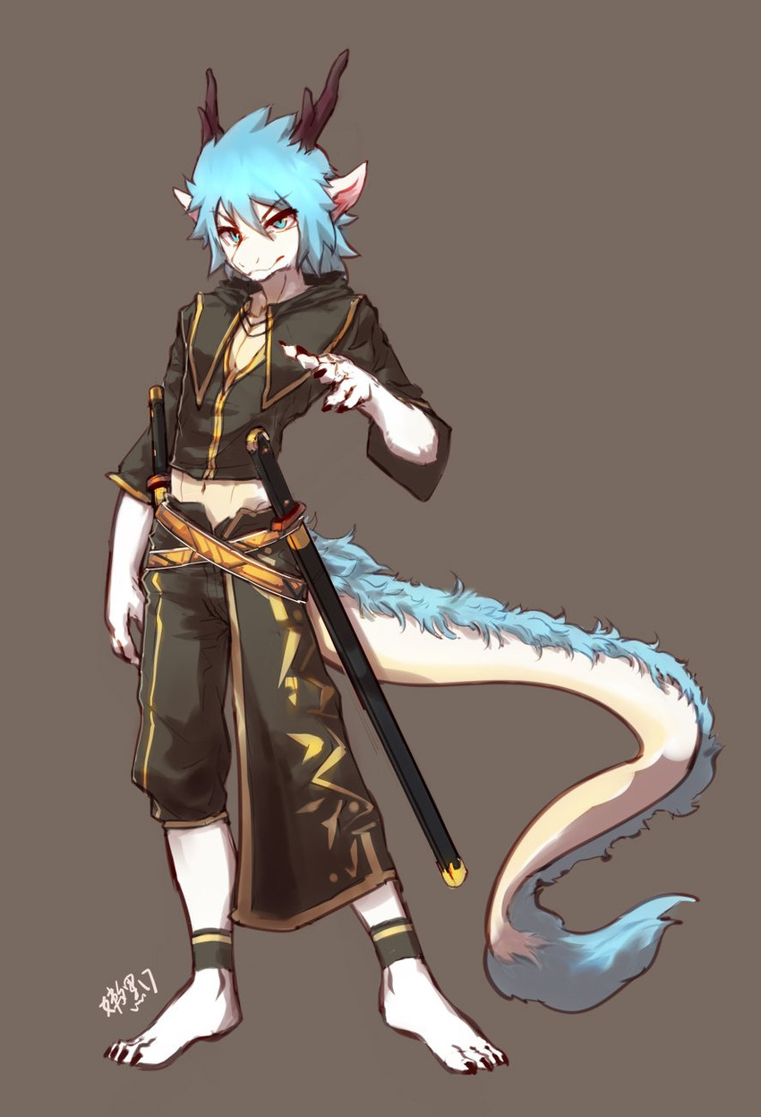 anthro barefoot blue_body blue_fur blue_hair clothed clothing feet fur grey_background hair horn jian male melee_weapon navel plantigrade scabbard short_hair simple_background solo standing sword tail text thick_tail toes weapon linlvjia asian_mythology east_asian_mythology mythology dragon eastern_dragon furred_dragon furred_scalie mythological_creature mythological_scalie scalie chinese_text full-length_portrait hi_res portrait signature