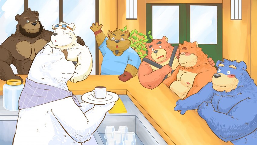 anthro beard black_nose blue_body blue_fur blush brown_body brown_fur detailed_background facial_hair fur group inside kemono male male/male moobs nipples overweight overweight_male sitting white_body white_fur andikapatok shirokuma_cafe shirokuma bear mammal polar_bear ursine 2015