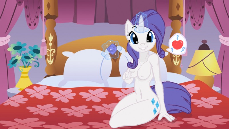 anthro anthrofied bed breasts condom cutie_mark dialogue female furniture hair heart_symbol horn inviting levitation looking_at_viewer magic mane nipples offering_condom pillow pose purple_hair question_mark sexual_barrier_device smile solo tail text unknown_artist friendship_is_magic hasbro my_little_pony mythology rarity_(mlp) equid equine mammal mythological_creature mythological_equine unicorn pictographics