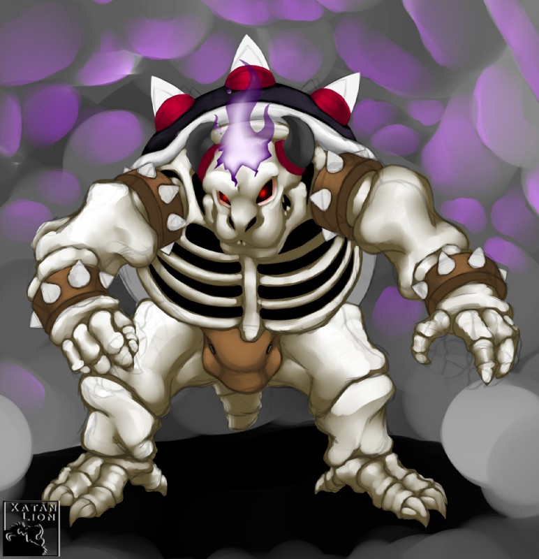 abstract_background anthro armband bone bottomwear bulge claws clothing curved_horn dewclaw fire glowing glowing_eyes horn loincloth male open_mouth rib_cage sharp_teeth shell skeleton solo spikes teeth underwear wristband xatanlion mario_bros nintendo dry_bowser animated_skeleton koopa scalie undead