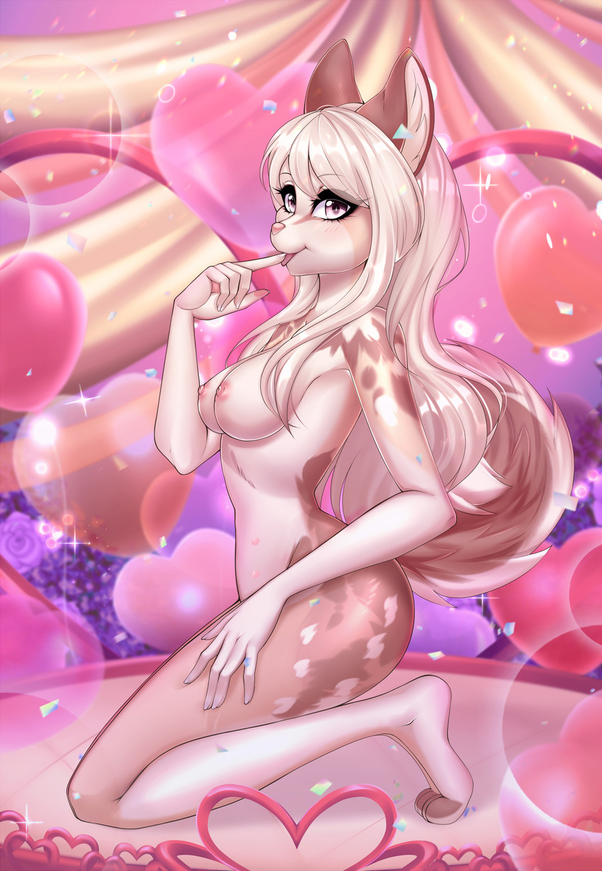 anthro barefoot blonde_hair breasts eyelashes feet female finger_to_mouth hair hindpaw holidays kneeling looking_at_viewer nipples nude paws pink_nipples solo tongue tongue_out touching_tongue yonachka_doki valentine's_day mammal species_request absurd_res digital_media_(artwork) hi_res shaded