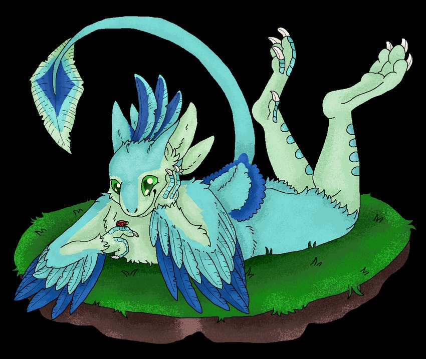 4_ears anthro blue_body blue_feathers countershading dewclaw digitigrade feathered_crest feathered_wings feathers female green_body green_eyes head_crest multi_ear solo winged_arms wings iowasi luvashi arthropod avali beetle cucujoid insect ladybug