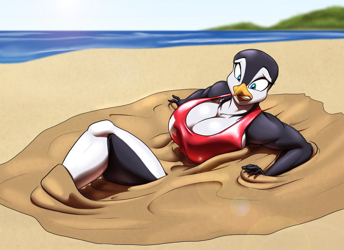 anthro beach beak big_breasts blue_eyes breasts cleavage clothed clothing detailed_background female lifeguard lifeguard_swimsuit looking_down predicament quicksand scared sinking solo stuck swimwear toothy_grin toughset surf's_up lani_aliikai avian bird penguin 2020