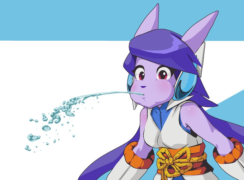 anthro blush breasts clothed clothing female hair purple_body purple_hair red_eyes solo spitting water goshaag freedom_planet galaxytrail mythology sash_lilac dragon mythological_creature mythological_scalie scalie 2019 hi_res