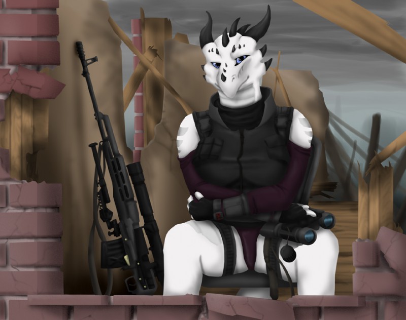 anthro binoculars biped chair cloud detailed_background dragunov female furniture outside overcast ruins sitting sky solo svd tail bleuhawke mythology dragon mythological_creature mythological_scalie scalie