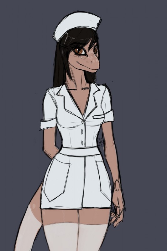 anthro biped black_hair breasts brown_eyes clothed clothing female grey_background hair hands_behind_back long_hair looking_at_viewer non-mammal_breasts nurse simple_background small_breasts solo standing tail ldr the_assistant dtella four-clawed_gecko gecko lizard reptile scalie 2014 digital_media_(artwork) hi_res