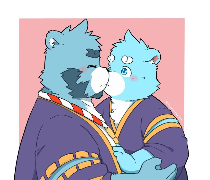 anthro blue_body blue_eyes blush duo eyes_closed kissing male male/male slightly_chubby white_body young young_anthro xxxyamayidaqi bonasiah full_attack sophring_hao sophring_jie bear mammal 2022 nephew_(lore) uncle_(lore) uncle_and_nephew_(lore)